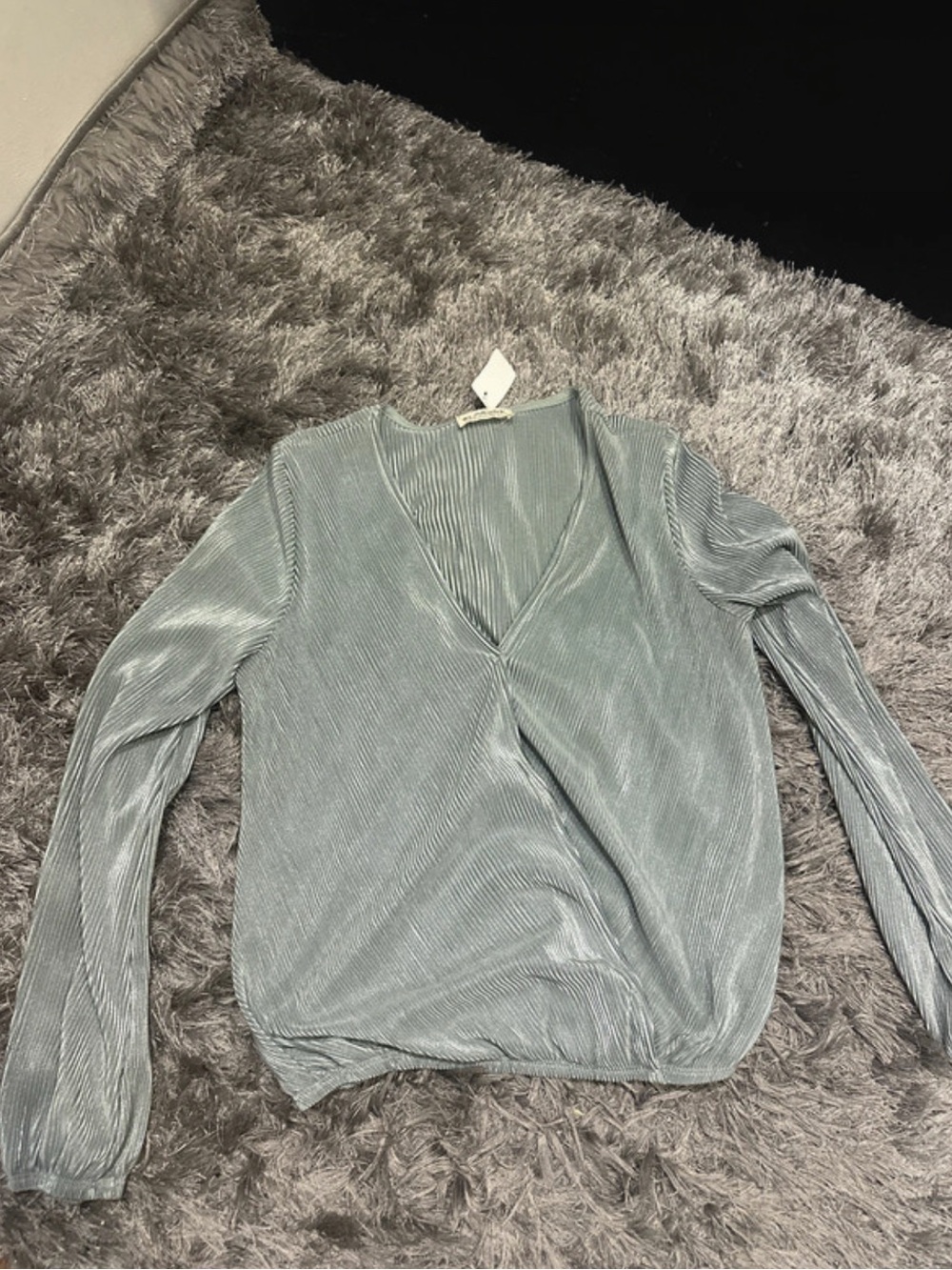 Women's V-Neck Pleated Long Sleeve Top - Light Sage